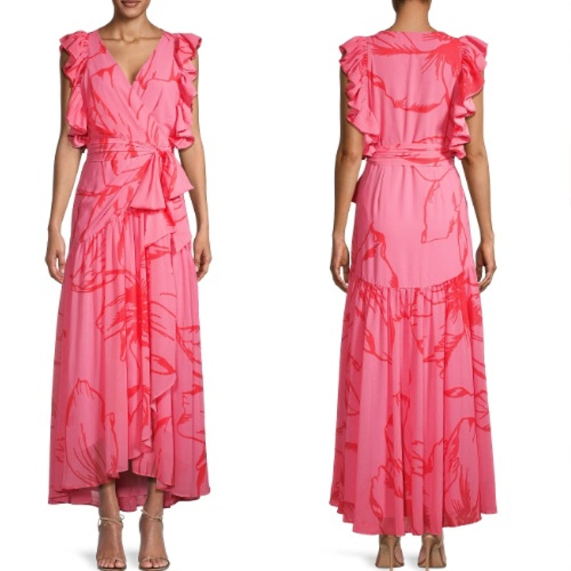 Hutch Beck Chiffon Floral Ruffled Wrap Maxi Dress Pink Roman Women's Size Medium